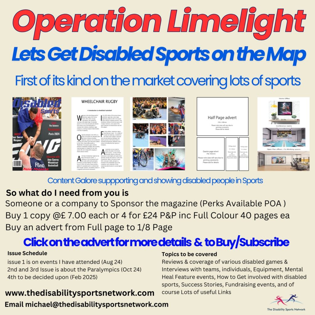 Shows an overview of the Disabled Sports Magaxine, including opportinuities for sponsorshiop, buy a copy, or subscripition