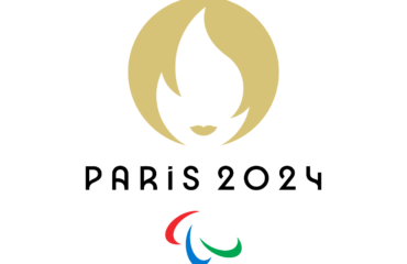 shows the Paralympic Logo which is a white flame on a gold background which is on top of the words Paris 2024 and shows a 3 colour red, blue, green small swipes below the words Paris 2024