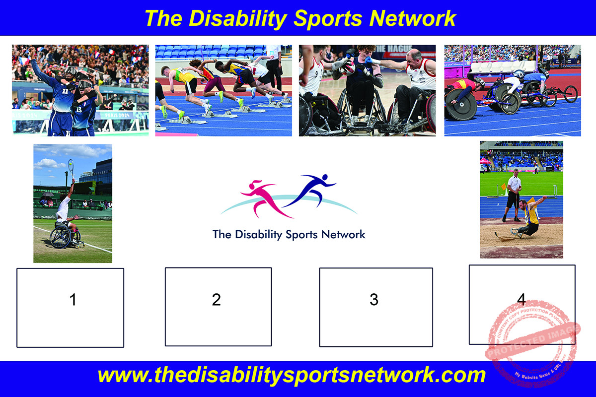 THE PHOTO IS A MINI DISPLAY OF MY IMAGES FROM PAST EVENTS and shows 6 different sports, including blind football, track, wheelchair rugby, whellchair racing, wheelchaair tennis, long jump with my logo in the middle and m4 empty sports for potential sponsors to buy